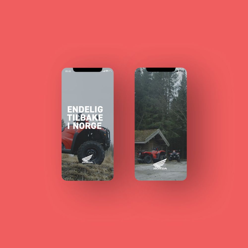 Lansering av Honda ATV. Rød bakgrunn med grafikk som viser to smarttelefoner som viser ATVer i skogen. Foto
